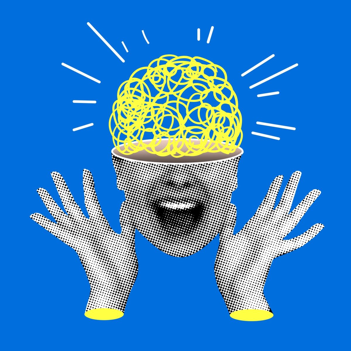 Illustrazione stilizzata di una persona con la testa aperta da cui emerge un groviglio luminoso che rappresenta il pensiero e l’elaborazione mentale; mani alzate ed espressione sorpresa su sfondo blu.